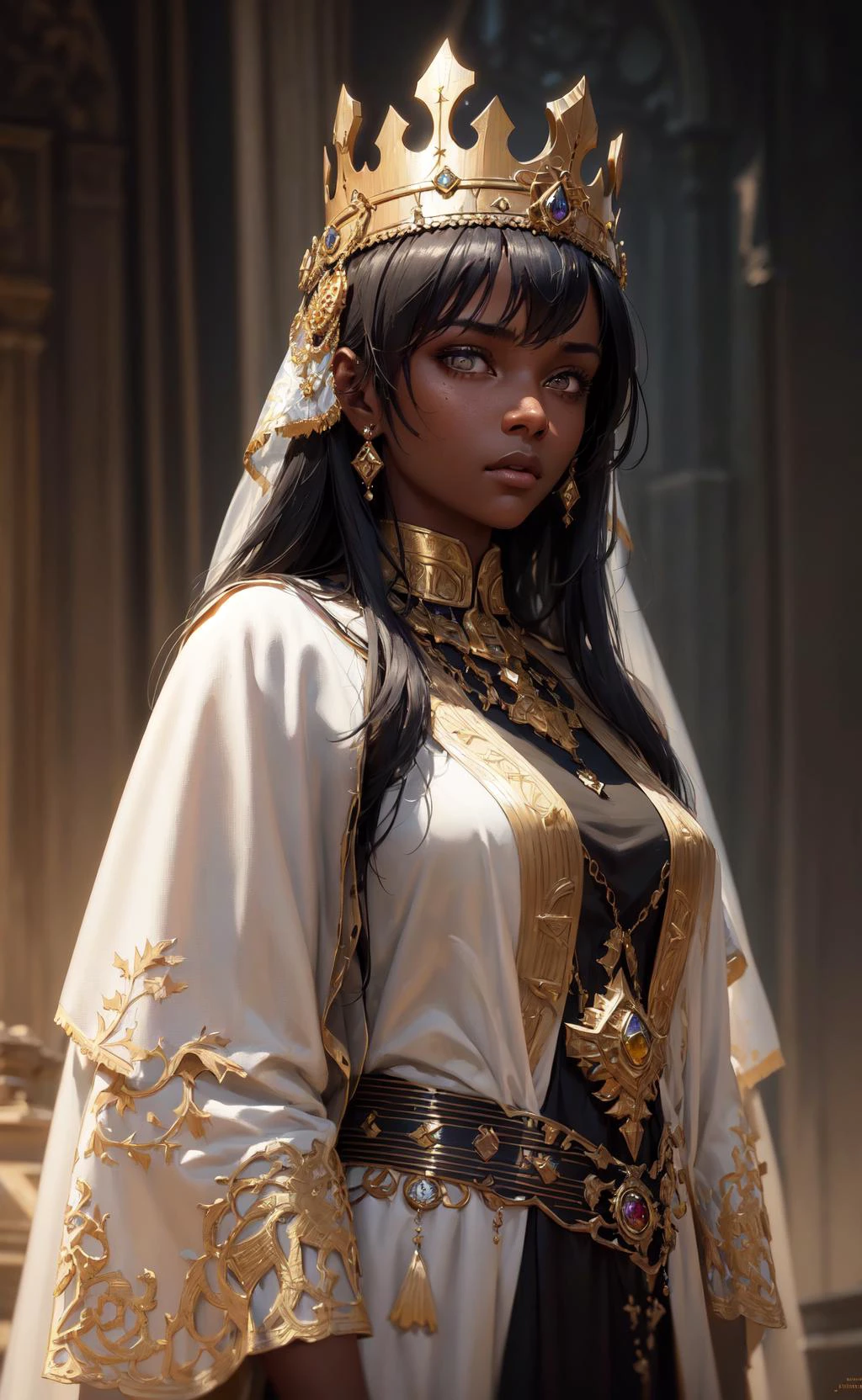 modelshoot style, (extremely detailed CG unity 8k wallpaper), full shot body photo of the most beautiful artwork in the world, medieval queen, green vale, dark skin, black woman, golden crown, diamonds, medieval architecture, professional majestic oil painting by Ed Blinkey, Atey Ghailan, Studio Ghibli, by Jeremy Mann, Greg Manchess, Antonio Moro, trending on ArtStation, trending on CGSociety, Intricate, High Detail, Sharp focus, dramatic, photorealistic painting art by midjourney and greg rutkowski