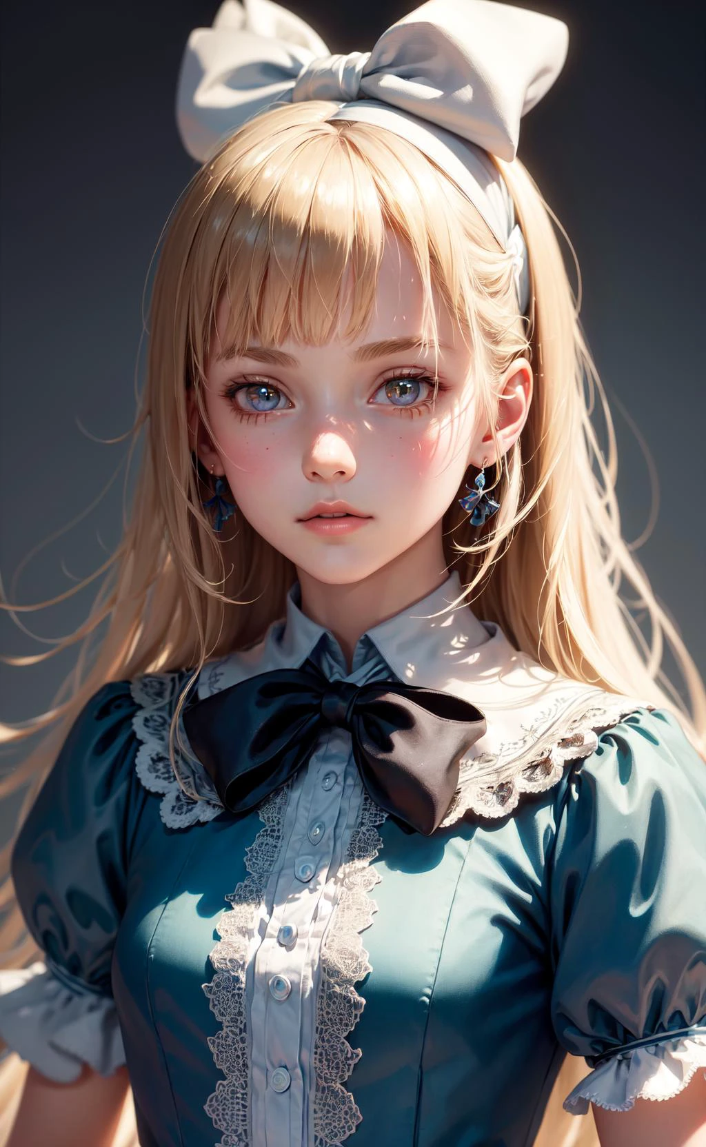 1girl, masterpiece, best quality, 8k, detailed skin texture, detailed cloth texture, beautiful detailed face, intricate details, ultra detailed, Alice in Wonderland, (a bow on her head:1.1), upper body