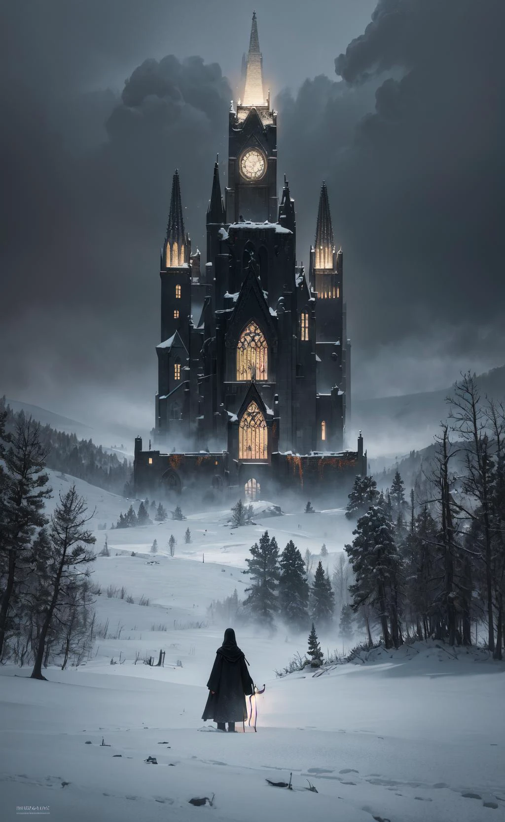 absurdres, highres, ultra detailed, (no human:1.3), BREAK, Illustrate a scene in the style of Gothic art, with dark colors, dramatic lighting, and a mysterious, eerie atmosphere. BREAK, Capture a low-light image, with minimal lighting and a focus on the subtle details and atmosphere of the scene. BREAK, Illustrate a snow-covered rural landscape, with frosty fields, cozy farmhouses, and a sense of peaceful solitude. BREAK, Design an image inspired by the anti-art spirit of Dadaism, with seemingly random elements, a rejection of traditional aesthetics, and a sense of playful absurdity.
