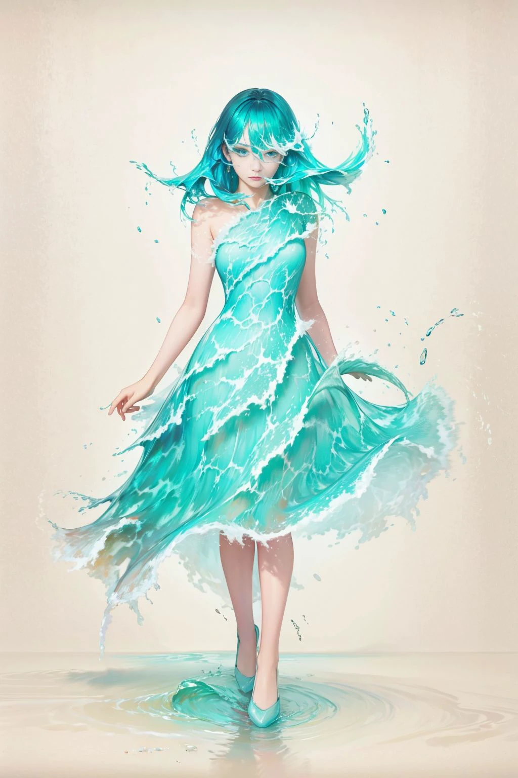 (masterpiece, best quality, high quality, highres, ultra-detailed), 1girl,solo,light_blue_hair,(liquid hair:1.2),liquid shoes,  long hair,floating hair, full body, standing,sundress, liquid clothes,water dress,  best quality, 8k, detailed skin texture,  beautiful detailed face, intricate details, ultra detailed,dancing,    skirt_tail, 