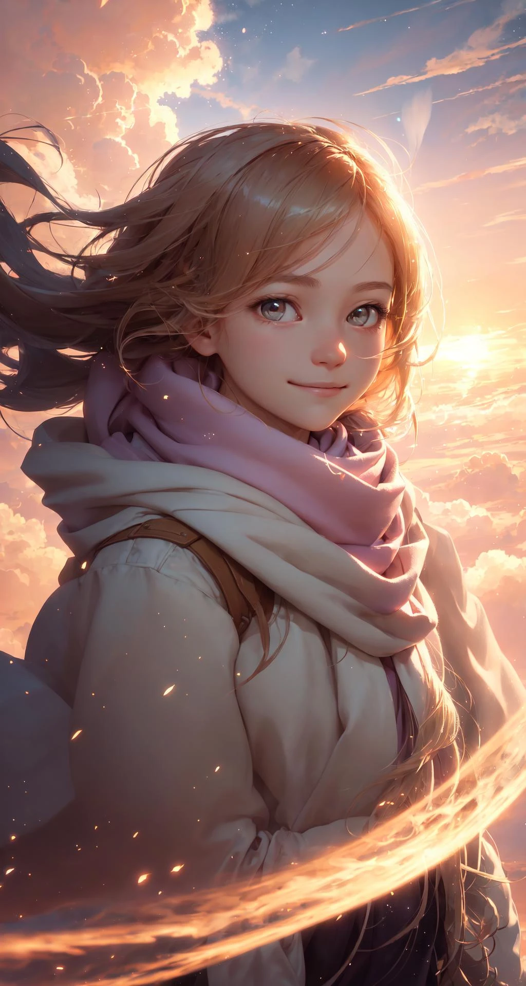 masterpiece, best quality, realistic, 1girl, illustration of a girl floating in the sky, scarf, floating hair, close-up, warm soft lighting, sunset, cloud, cloudy sky, (sparks:0.7), (light particles:1.1), volumetric lighting, smug, smirk