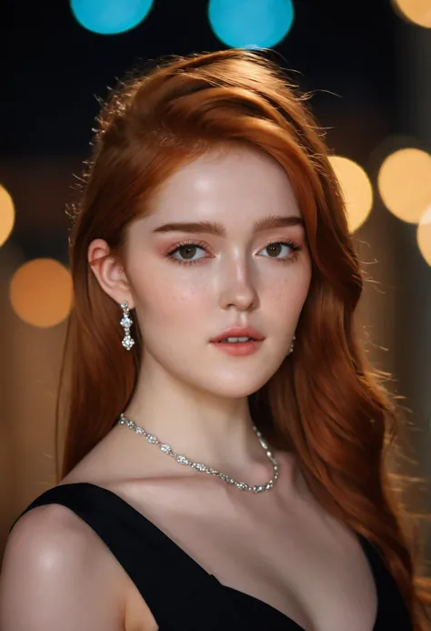 stunning medium shot photo of beautiful jia_lissa wearing a black dress, jewelry, earrings, freckles, cinematic lighting, bokeh,...