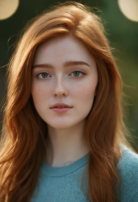 a close up of a woman with long red hair and a blue sweater