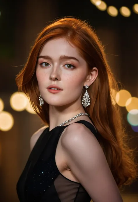 stunning medium shot photo of beautiful jia_lissa wearing a black dress, jewelry, earrings, freckles, cinematic lighting, bokeh,...