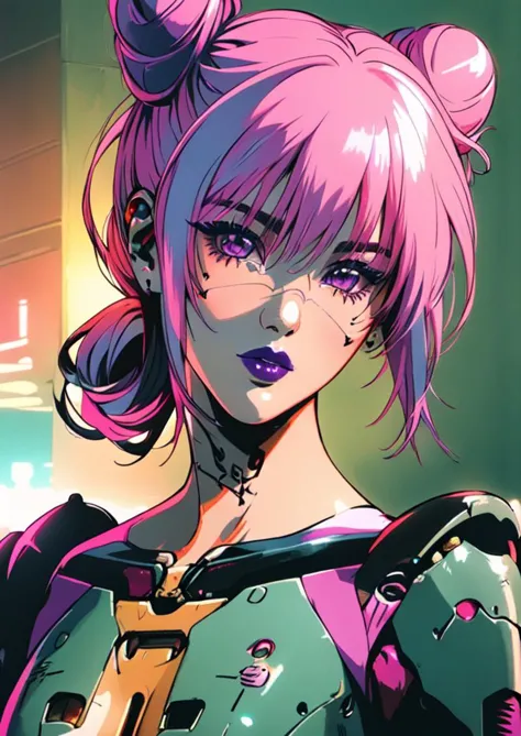 <lora:CyberRitaMoxBouncer:0.8> CyberRitaMoxBouncer, 1girl, solo, portrait, mechanical arms, makeup, double bun, mechanical parts, tattoo, cyberpunk, pink hair, cyborg, looking at viewer, purple lips, lipstick, <lora:Kazushi Hagiwara:0.8> kazushi hagiwara