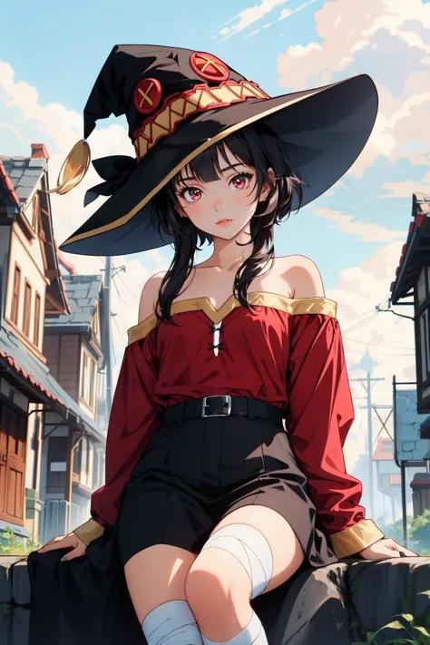 (masterpiece, best quality),  intricate details,
1girl,     <lora:megumin-10:0.8> megumin, 1girl, solo, looking at viewer, short hair, short hair with long locks, bandaged leg, black hair, red eyes
witch hat, fantasy, village,