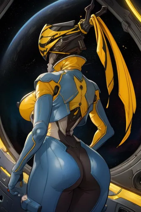 mesa,    helmet, yellow headband,    large breasts,   hips,  ass,  pose, 
upper body, standing, solo,   from behind,  
space ship, stars,  
(insanely detailed, masterpiece, best quality)  <lora:mesa:0.7>