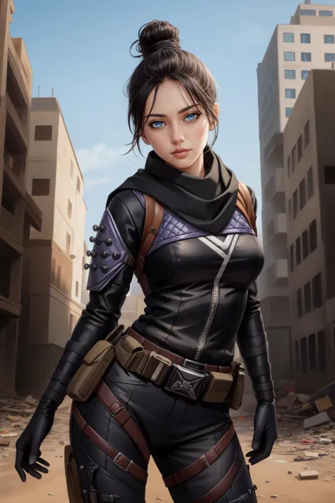 (masterpiece, best quality),  intricate details,
1girl,   <lora:wraith_(apex_legends):0.8> wraith (apex legends), single hair bun, hair bun, bodysuit, scarf, black bodysuit, holding, breasts, black hair, black scarf, large breasts, blue eyes, belt, brown belt, bangs, parted bangs, hair behind ear, gloves, nose piercing, black gloves, thigh strap,
ruined skyscraper, debris, post-apocalypse, arms behind back, leaning forward,