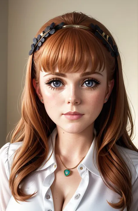 a close up of a woman with long red hair wearing a white shirt