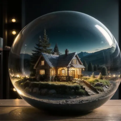 a close up of a glass ball with a house inside of it