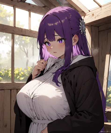 anime girl with purple hair and a black jacket posing for a picture