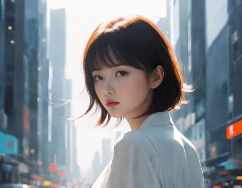 Minimalist style girl, Technical illustration, Distinguished Masterpiece Neo-Tokyo Girl, Realistic, Sun Rays, beautiful,dynamicp...