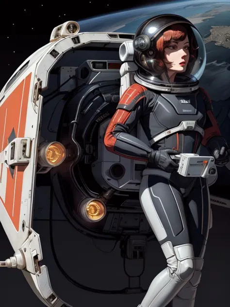 a close up of a person in a space suit standing in front of a space station