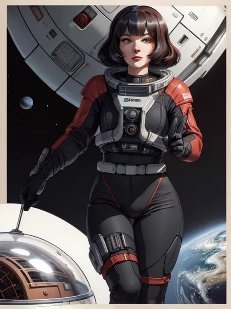 (best quality:1.2), 1woman, full body and legs showing, correct anatomy, correct eyes, spacesuit, glass helmet, (correct drawn f...