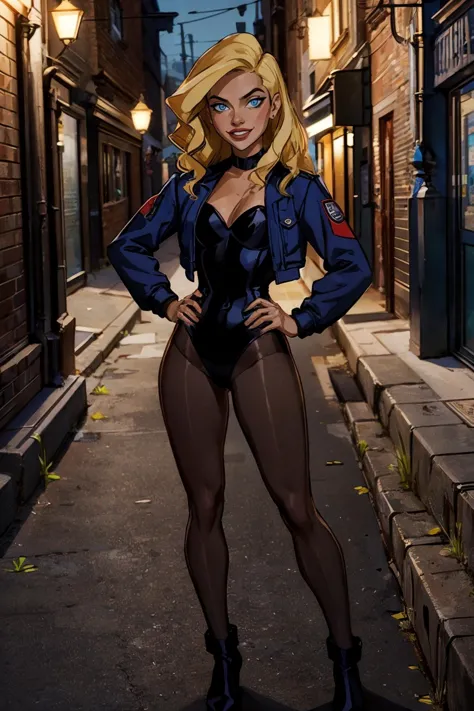Black_Canary_JLU, blue eyes, blonde hair, cropped jacket, leotard, fishnet pantyhose, looking at viewer, serious, grin, hands on hips, outside, city, street, alley way, night time, high quality, masterpiece, <lora:Black_Canary_JLU:.6>