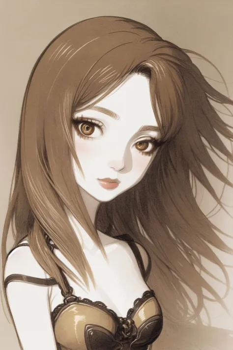 portrait, solo, 1girl, looking up, bronze hair, beige eyes, medium breasts <lora:amano_yoshitaka_style_v01:1>