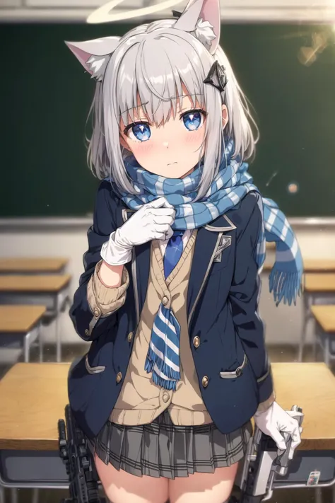 anime girl with a cat ears and a scarf standing in a classroom