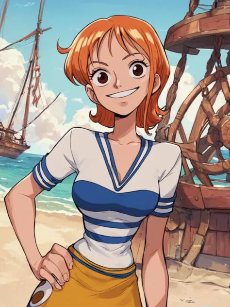 a woman in a sailor outfit standing on a beach next to a ship