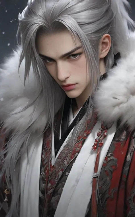 masterpiece, best quality
1boy, fur trim, grey eyes, japanese clothes, lips, long hair, looking down, male focus, parted lips, portrait, snow, snowing, solo, upper body, white hair