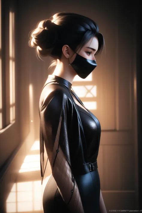 a woman in a black dress and mask standing in a room