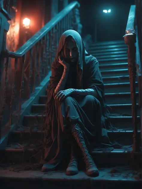 a woman sitting on the steps of a building in a dark room