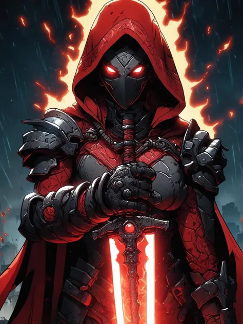 a close up of a person with a sword in a dark background