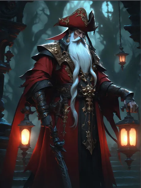 diablo iii style the image presents a scene from a dark and mysterious setting, where an elderly man with a long white beard is captured. he is dressed in a striking red coat and a black pirate hat adorned with gold accents, adding to the dramatic atmosphere. the background features a solitary lantern hanging from an unseen structure, casting a soft glow that contrasts with the dim lighting of the surroundings. the abstract algorithmic art style transforms this scene into a captivating blend of colors, shapes, and lines, creating an intriguing visual experience. . hack and slash, dark fantasy, multiplayer rpg