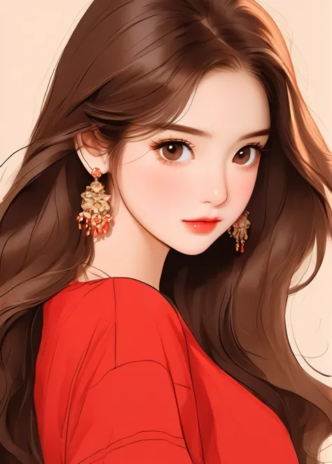 a drawing of a woman with long brown hair and earrings