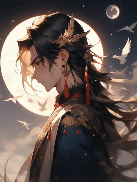 a woman with long hair and a full moon in the background