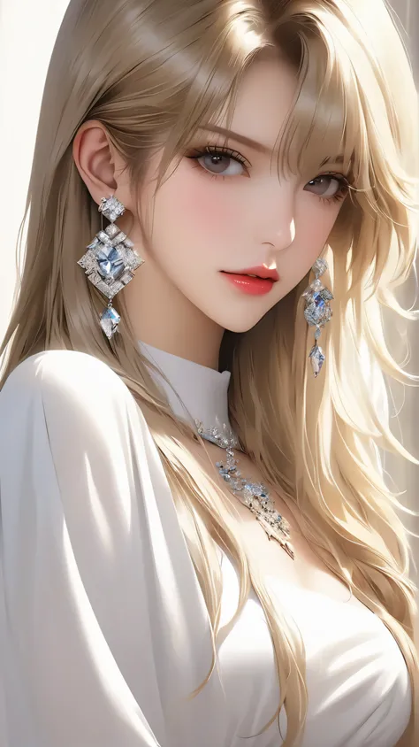 1girl, close-up shot, solo, long hair, blonde hair, revealing white, slit dress, looking at the viewer, bangs, upper body, earrings, from side, jewelry, closed mouth