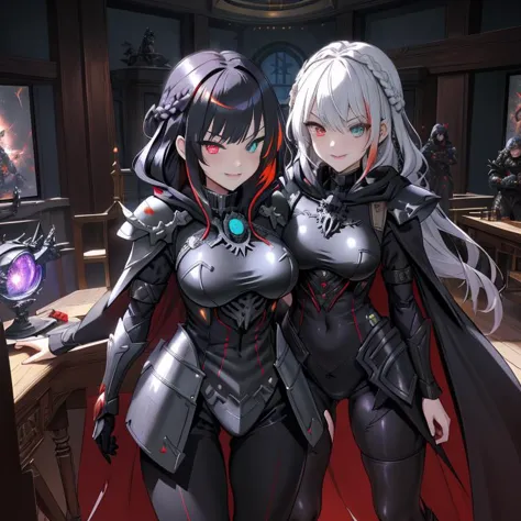 two anime girls in armor standing next to each other