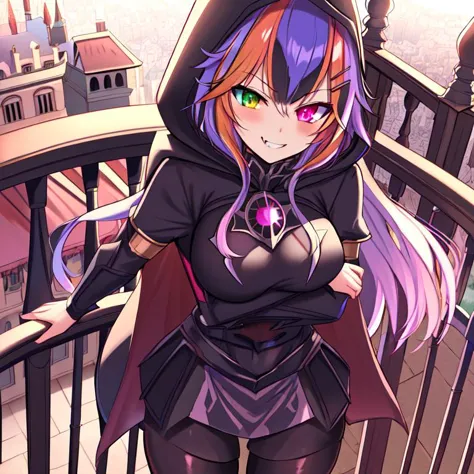 best quality, masterpiece, highres, detailed, perfect anatomy, hair clips, tights, cape, black bodysuit, evil smirk, breast plate, heterochromia, multicolored hair, glowing eyes, night, castle, hood, EvilExecCh, <lora:EvilExec:0.7>, balcony, standing on balcony,