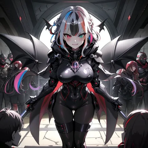 (1girl:1.2), best quality, masterpiece, highres, detailed, perfect anatomy, hair clips, tights, cape, black bodysuit, evil smirk, breast plate, heterochromia, multicolored hair, glowing eyes, night, mansion, hood, EvilExecCh, <lora:EvilExecCh:0.7>, ballroom, standing, holding halberd, science fiction, futuristic, armor, armored_dress, armor, vampire, fangs, covered breasts, medium breasts, science fiction, futuristic, monitor, (braid:1.2), battleship bridge, tiara, princess, cowboy shot,