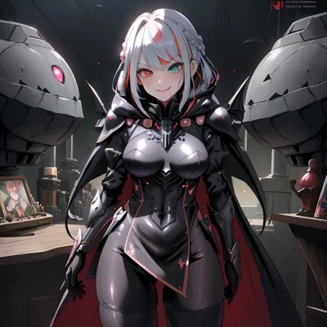 (1girl:1.2), best quality, masterpiece, highres, detailed, perfect anatomy, hair clips, tights, cape, black bodysuit, evil smirk, breast plate, heterochromia, multicolored hair, glowing eyes, night, mansion, hood, EvilExecCh, <lora:EvilExecCh:0.7>, ballroom, standing, holding halberd, science fiction, futuristic, armor, armored_dress, armor, vampire, fangs, covered breasts, medium breasts, science fiction, futuristic, monitor, (braid:1.2), battleship bridge, tiara, princess, cowboy shot,