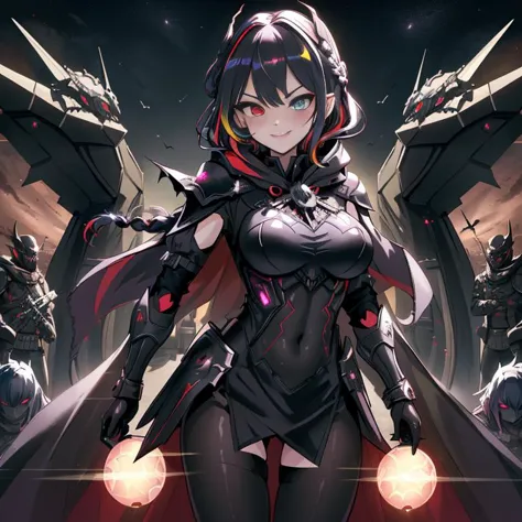 (1girl:1.2), best quality, masterpiece, highres, detailed, perfect anatomy, hair clips, tights, cape, black bodysuit, evil smirk, breast plate, heterochromia, multicolored hair, glowing eyes, night, mansion, hood, EvilExecCh, <lora:EvilExecCh:0.7>, ballroom, standing, holding halberd, science fiction, futuristic, armor, armored_dress, armor, vampire, fangs, covered breasts, medium breasts, science fiction, futuristic, monitor, (braid:1.2), battleship bridge, tiara, princess, cowboy shot,