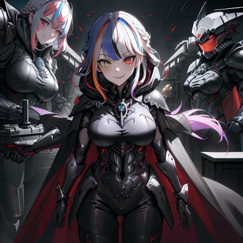 (1girl:1.2), best quality, masterpiece, highres, detailed, perfect anatomy, hair clips, tights, cape, black bodysuit, evil smirk, breast plate, heterochromia, multicolored hair, glowing eyes, night, mansion, hood, EvilExecCh, <lora:EvilExecCh:0.7>, ballroom, standing, holding halberd, science fiction, futuristic, armor, armored_dress, armor, vampire, fangs, covered breasts, medium breasts, science fiction, futuristic, monitor, (braid:1.2), battleship bridge, tiara, princess, cowboy shot,