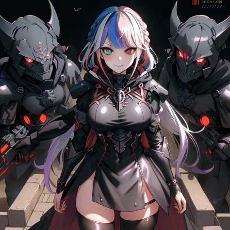 (1girl:1.2), best quality, masterpiece, highres, detailed, perfect anatomy, hair clips, tights, cape, black bodysuit, evil smirk, breast plate, heterochromia, multicolored hair, glowing eyes, night, mansion, hood, EvilExecCh, <lora:EvilExecCh:0.7>, ballroom, standing, holding halberd, science fiction, futuristic, armor, armored_dress, armor, vampire, fangs, covered breasts, medium breasts, science fiction, futuristic, monitor, (braid:1.2), battleship bridge, tiara, princess, cowboy shot,