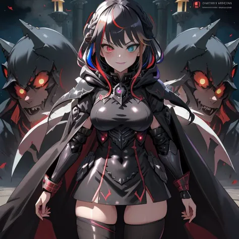 (1girl:1.2), best quality, masterpiece, highres, detailed, perfect anatomy, hair clips, tights, cape, black bodysuit, evil smirk, breast plate, heterochromia, multicolored hair, glowing eyes, night, mansion, hood, EvilExecCh, <lora:EvilExecCh:0.7>, ballroom, standing, holding halberd, science fiction, futuristic, armor, armored_dress, armor, vampire, fangs, covered breasts, medium breasts, science fiction, futuristic, monitor, (braid:1.2), battleship bridge, tiara, princess, cowboy shot,