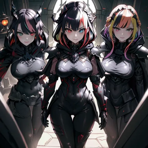 three anime girls in black and red outfits standing in a hallway