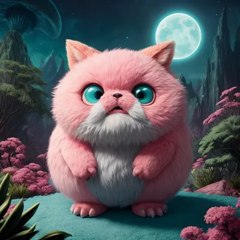 an otherworldly maximalist landscape, cute, adorable, soft, fuzzy, pink and teal color scheme, chubby creatures with glowing eye...