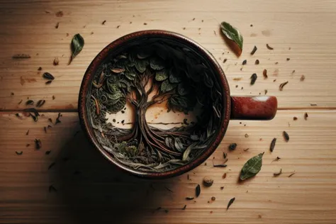 tea leaves forming the shape of a forest on the bottom of an empty tea cup <lora:Tea_Leaf_Reading_Style_SD15:1.0>