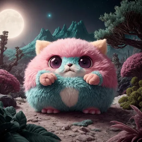 an otherworldly maximalist landscape, cute, adorable, soft, fuzzy, pink and teal color scheme, chubby creatures with glowing eye...