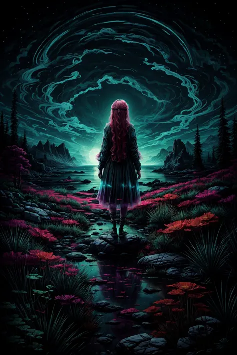 bioluminescent woman in a colorful landscape at night <lora:VisionaryVerse:0.75>