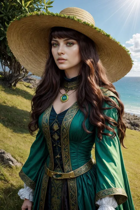 designed by Karol Bak, Pre-raphaelitism, Sharp focus of a Divine Maori (The Doctor:1.1) , ð¤¨, her hair is Brunette, sun hat, S...