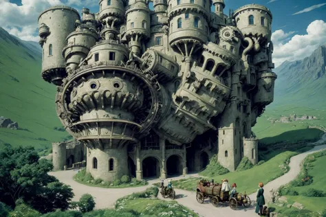 scene from howl's moving castle, majestic stonework, whimsical noisy bellowing wheezing machinery, gears, wheels, beautiful gree...
