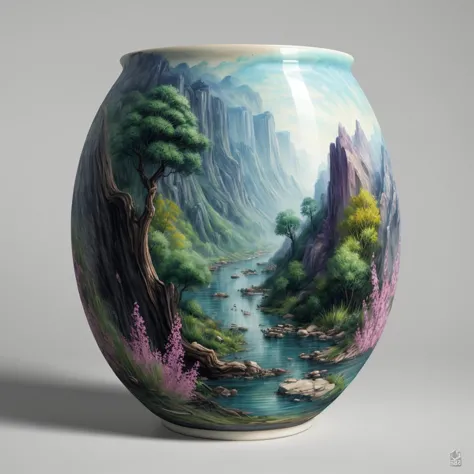 hyper detailed masterpiece, dynamic realistic digital art, awesome quality,glazes (for ceramics) river,bewitched peculiar pocket...