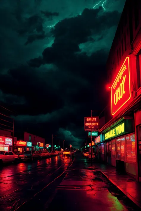 scene from a 1990's, a street at night, neon signs, stormy sky