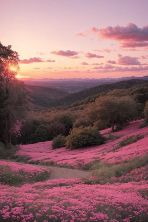 landscape, romantic, nostalgic, pink color scheme, sunset