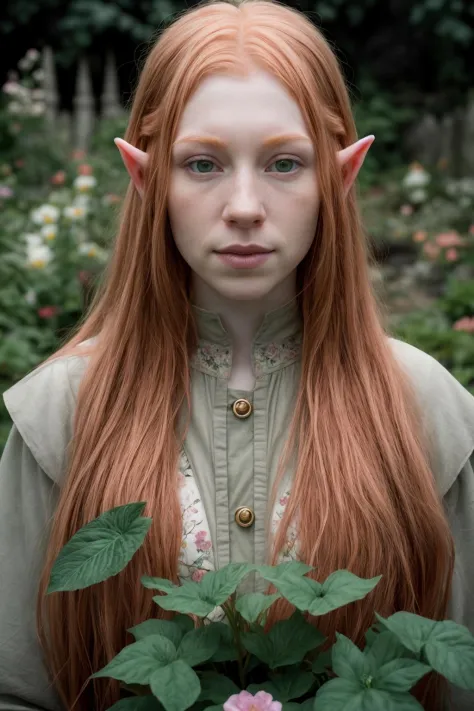 close up portrait of a pale ginger elf princess, flowery garden at dusk