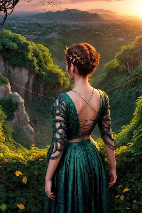scene from a dream, over the shoulder view, close up view from behind, wire and leaves forming a shape resembling a woman, a woman made of wire and leaves, hilltop overlooking a valley, epic, dramatic, sunset